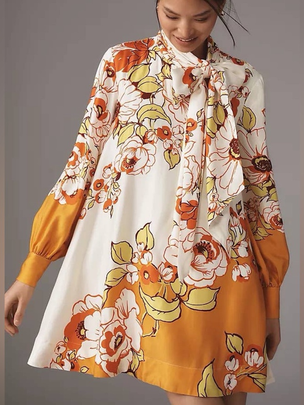 Maeve Floral Tie-Neck Dress in Cream, Orange & Yellow